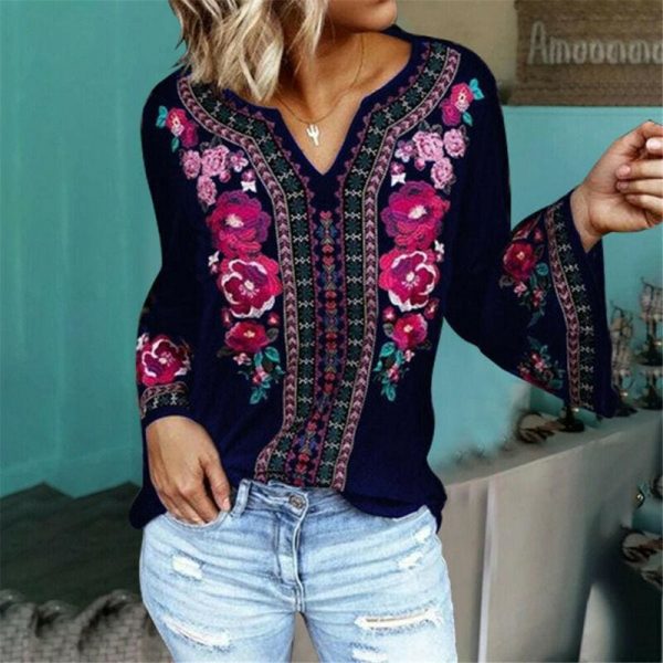 The Best Fashion Women Boho Floral Long Sleeve Baggy V Neck Loose Blouse Autumn Ladies Casual Jumper Tops Plus Size Online - Takalr