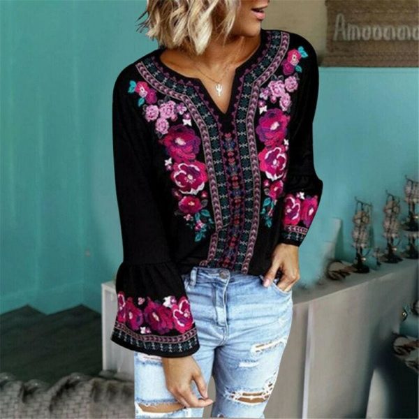 The Best Fashion Women Boho Floral Long Sleeve Baggy V Neck Loose Blouse Autumn Ladies Casual Jumper Tops Plus Size Online - Takalr