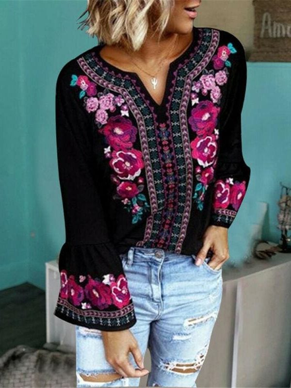 The Best Fashion Women Boho Floral Long Sleeve Baggy V Neck Loose Blouse Autumn Ladies Casual Jumper Tops Plus Size Online - Takalr