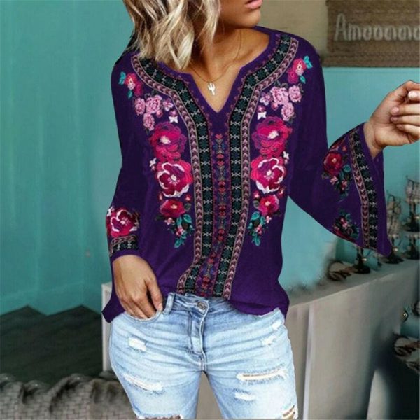 The Best Fashion Women Boho Floral Long Sleeve Baggy V Neck Loose Blouse Autumn Ladies Casual Jumper Tops Plus Size Online - Takalr