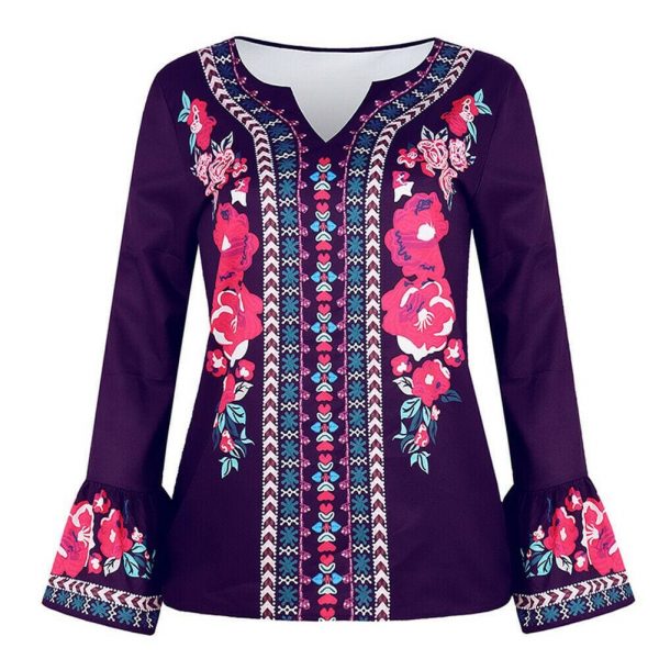 The Best Fashion Women Boho Floral Long Sleeve Baggy V Neck Loose Blouse Autumn Ladies Casual Jumper Tops Plus Size Online - Takalr