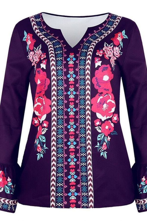 The Best Fashion Women Boho Floral Long Sleeve Baggy V Neck Loose Blouse Autumn Ladies Casual Jumper Tops Plus Size Online - Takalr