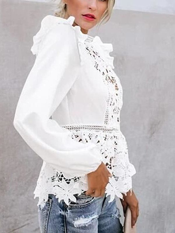 The Best Fashion Women Boho Puff Sleeve Floral Lace White Tops Blouses Hollow Out Office Elegant Ladies Shirt Party Tops Online - Takalr