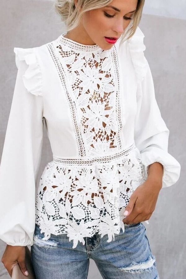 The Best Fashion Women Boho Puff Sleeve Floral Lace White Tops Blouses Hollow Out Office Elegant Ladies Shirt Party Tops Online - Takalr