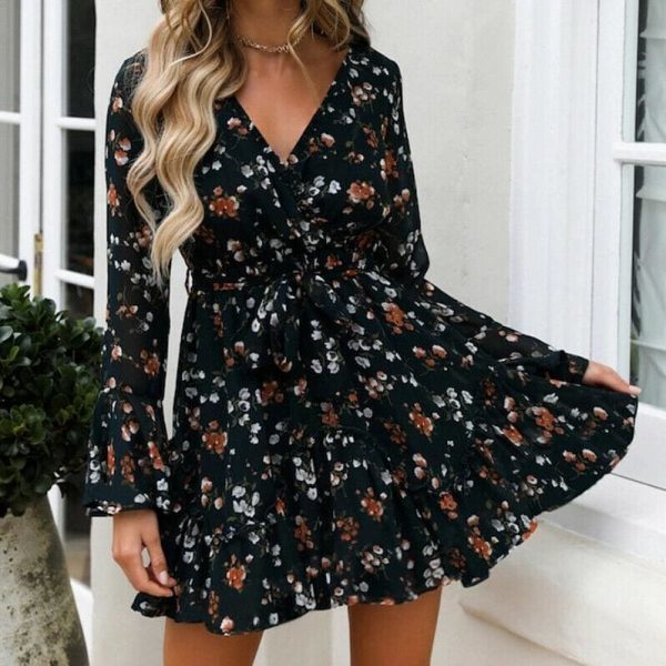 The Best Fashion Women Boho Ruffle Floral Holiday Mini Sun Dress Frill Ladies Summer Autumn Beach Print Party Mini Dress Online - Takalr