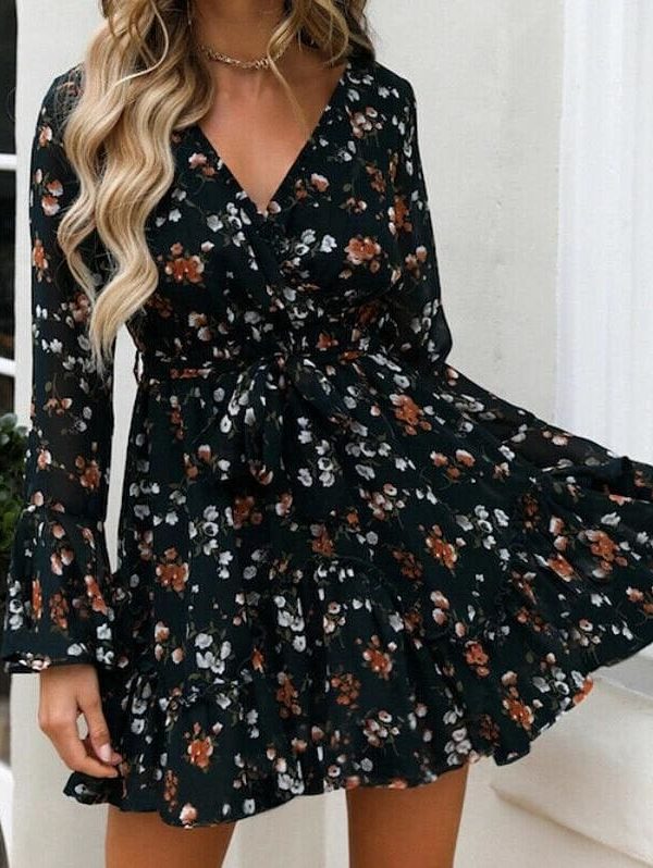 The Best Fashion Women Boho Ruffle Floral Holiday Mini Sun Dress Frill Ladies Summer Autumn Beach Print Party Mini Dress Online - Takalr