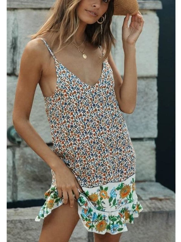 The Best Fashion Women Boho Strappy Sexy V-Neck Floral Mini Dress Holiday Beach Sundress Casual Loose Summer Dresses Online - Takalr