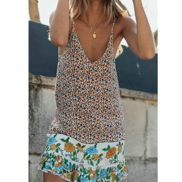 The Best Fashion Women Boho Strappy Sexy V-Neck Floral Mini Dress Holiday Beach Sundress Casual Loose Summer Dresses Online - Takalr