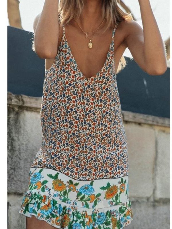 The Best Fashion Women Boho Strappy Sexy V-Neck Floral Mini Dress Holiday Beach Sundress Casual Loose Summer Dresses Online - Takalr