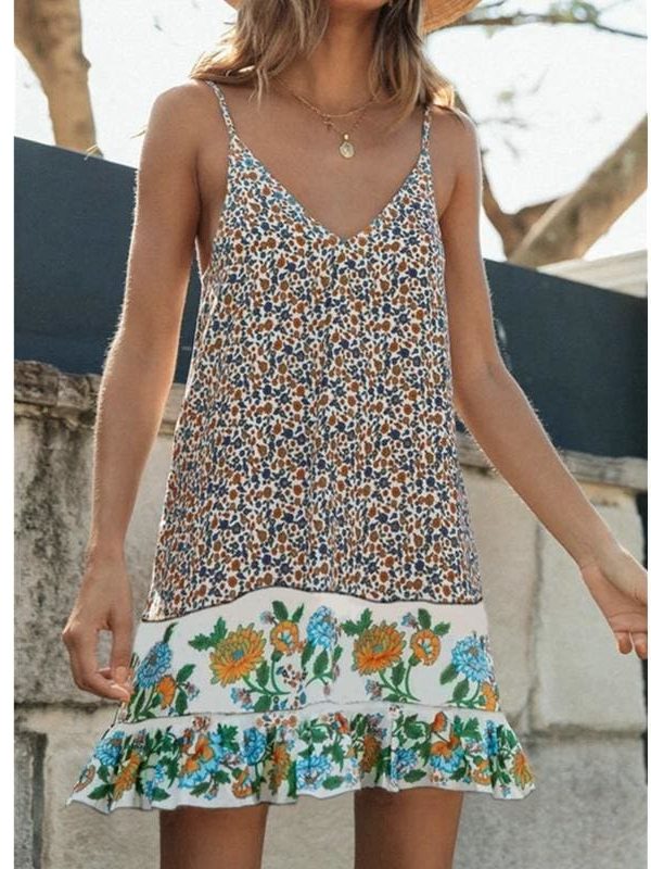 The Best Fashion Women Boho Strappy Sexy V-Neck Floral Mini Dress Holiday Beach Sundress Casual Loose Summer Dresses Online - Takalr