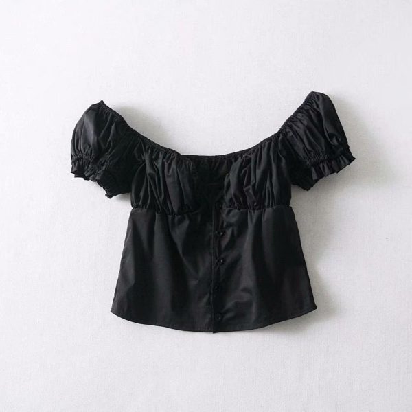 The Best Fashion Women Button Blouse V-Neck Short Sleeve Puff Sleeve Summer Top Online - Source Silk