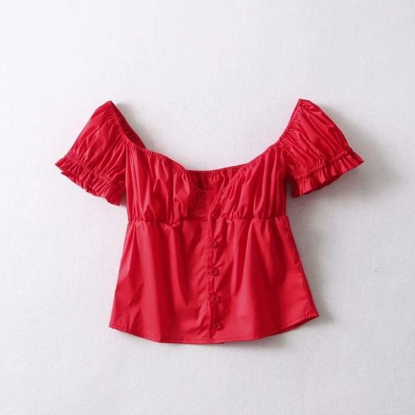 The Best Fashion Women Button Blouse V-Neck Short Sleeve Puff Sleeve Summer Top Online - Source Silk