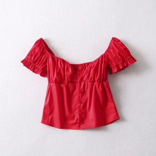 The Best Fashion Women Button Blouse V-Neck Short Sleeve Puff Sleeve Summer Top Online - Source Silk