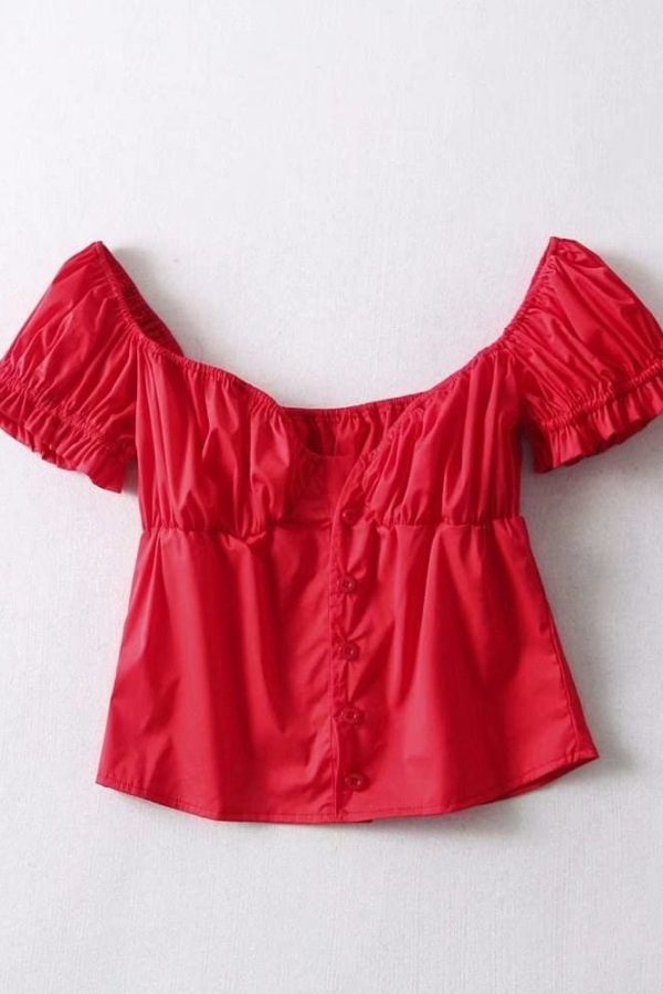 The Best Fashion Women Button Blouse V-Neck Short Sleeve Puff Sleeve Summer Top Online - Source Silk