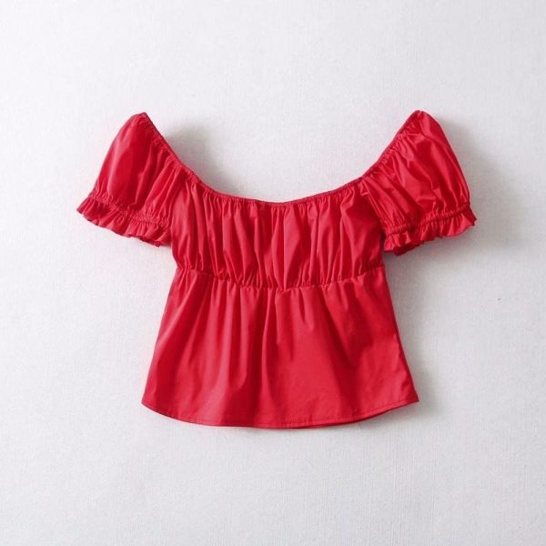 The Best Fashion Women Button Blouse V-Neck Short Sleeve Puff Sleeve Summer Top Online - Source Silk