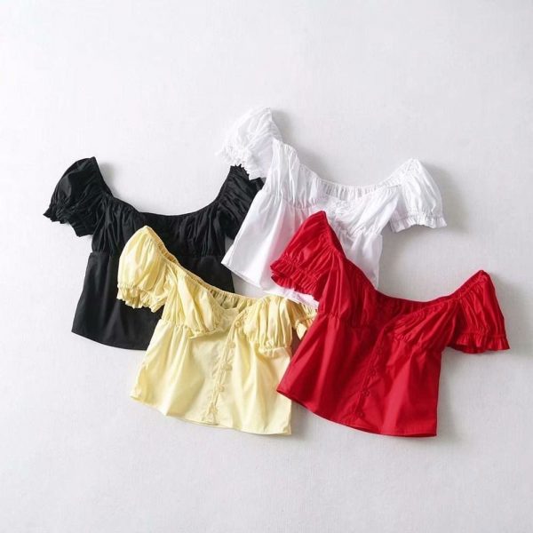 The Best Fashion Women Button Blouse V-Neck Short Sleeve Puff Sleeve Summer Top Online - Source Silk