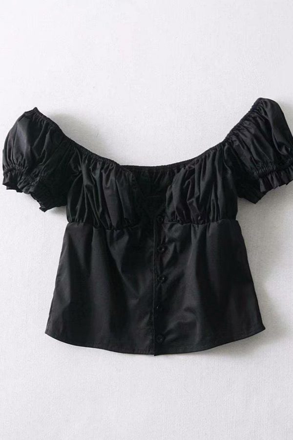 The Best Fashion Women Button Blouse V-Neck Short Sleeve Puff Sleeve Summer Top Online - Source Silk