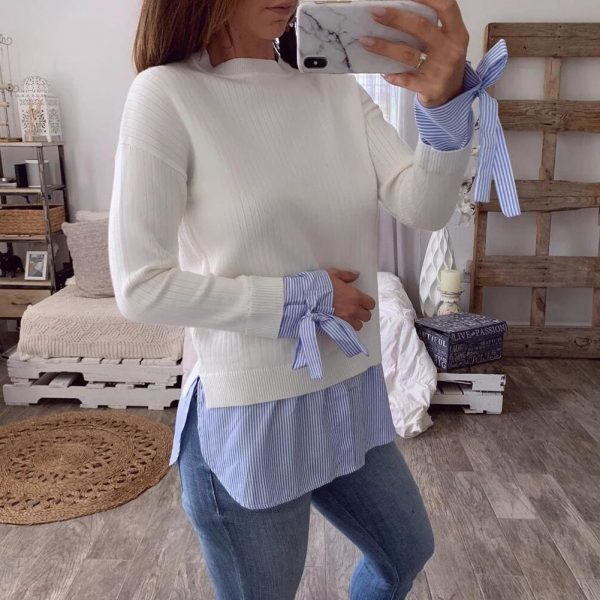 The Best Fashion Women Casual Bowknot Round Neck Pullover Blouse Tops Autumn Lady Long Sleeve Patchwork Sweater Jumper Shirt Online - Takalr