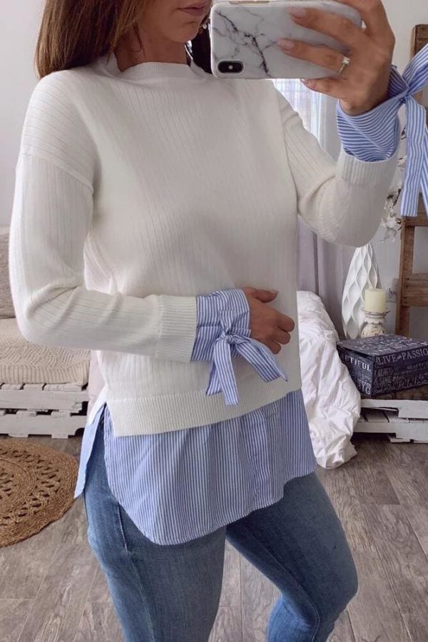 The Best Fashion Women Casual Bowknot Round Neck Pullover Blouse Tops Autumn Lady Long Sleeve Patchwork Sweater Jumper Shirt Online - Takalr