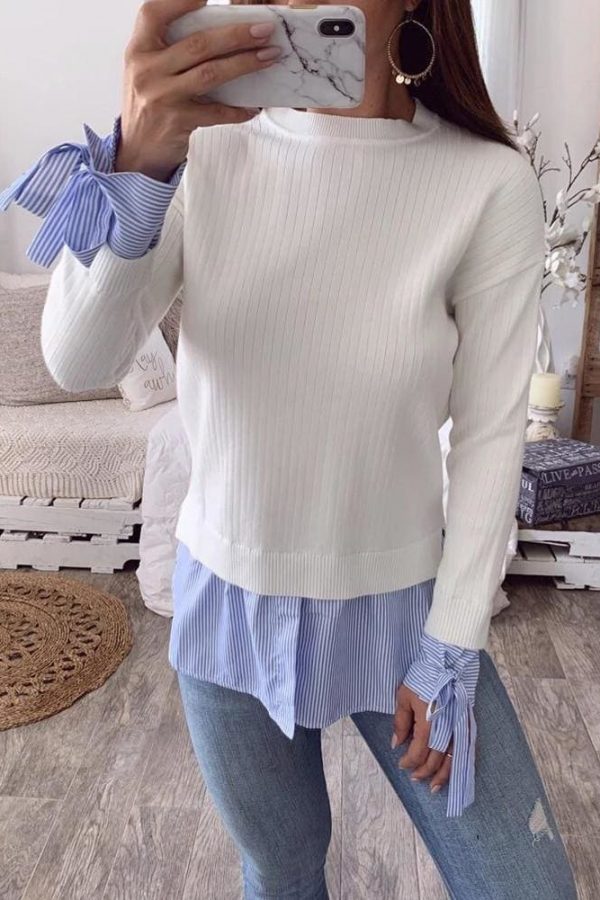 The Best Fashion Women Casual Bowknot Round Neck Pullover Blouse Tops Autumn Lady Long Sleeve Patchwork Sweater Jumper Shirt Online - Takalr