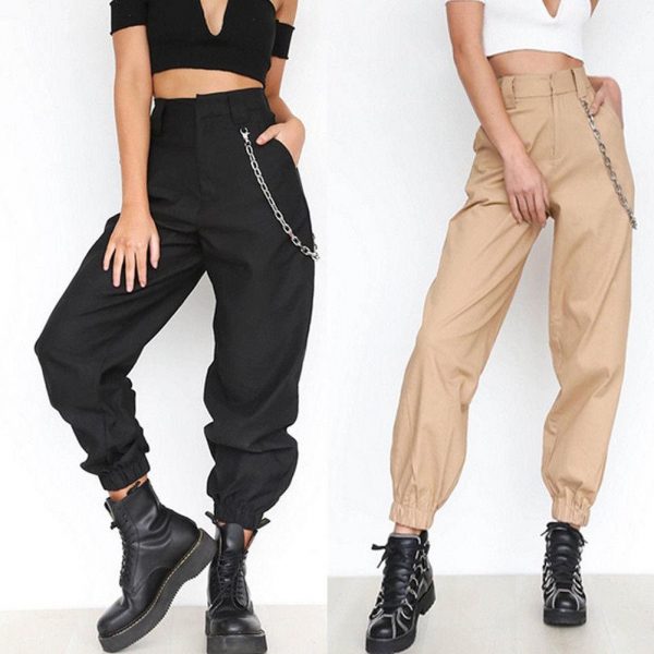 The Best Fashion Women Casual Hip Hop Loose Visual Rock Chain Trousers Dance High Waist Cargo Pants Plus Size Online - Takalr