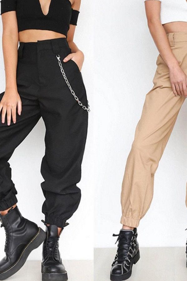 The Best Fashion Women Casual Hip Hop Loose Visual Rock Chain Trousers Dance High Waist Cargo Pants Plus Size Online - Takalr