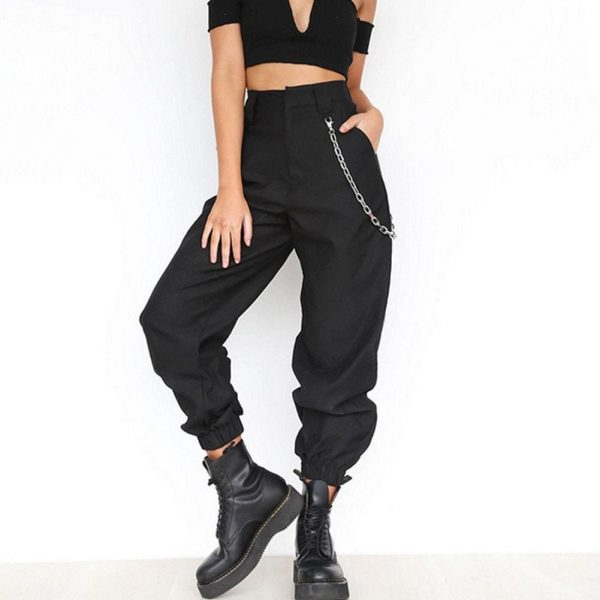 The Best Fashion Women Casual Hip Hop Loose Visual Rock Chain Trousers Dance High Waist Cargo Pants Plus Size Online - Takalr