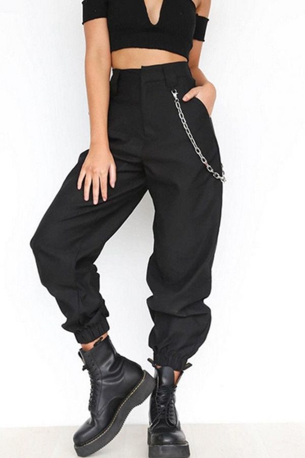 The Best Fashion Women Casual Hip Hop Loose Visual Rock Chain Trousers Dance High Waist Cargo Pants Plus Size Online - Takalr