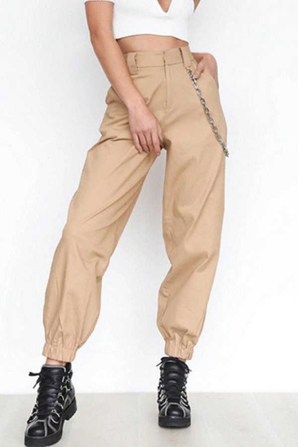 The Best Fashion Women Casual Hip Hop Loose Visual Rock Chain Trousers Dance High Waist Cargo Pants Plus Size Online - Takalr