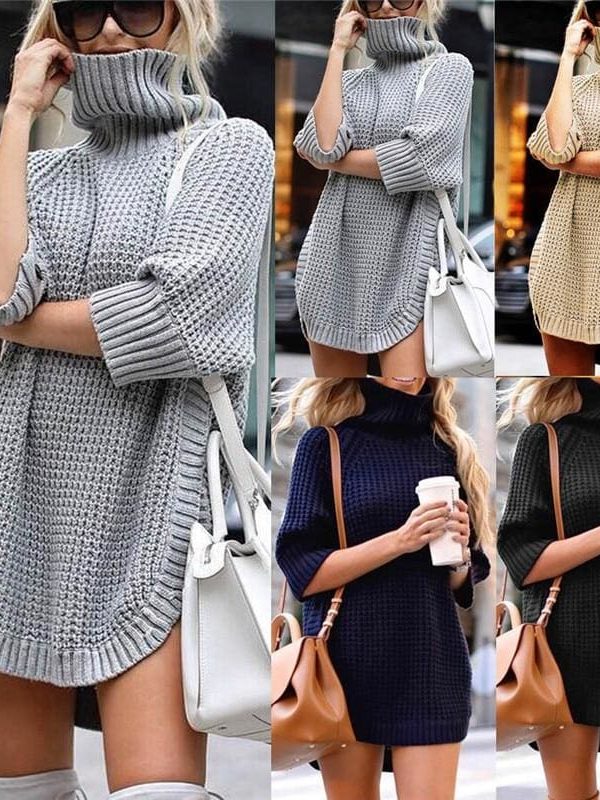 The Best Fashion Women Casual Irregular Long Sweater Dress Knitted Sweater Top Online - Takalr