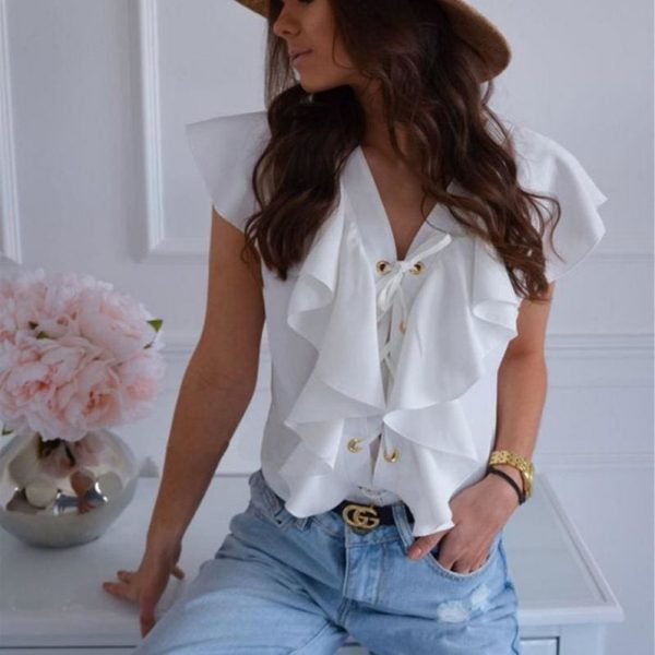 The Best Fashion Women Casual Top Ruffles V Neck Lace up Tank Bandage White Vest Elegant Ladies Casual Beach Holiday Tops Tee Online - Takalr