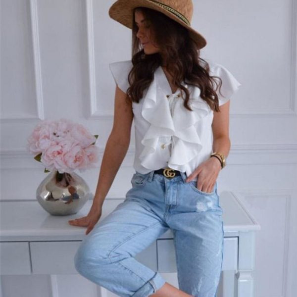 The Best Fashion Women Casual Top Ruffles V Neck Lace up Tank Bandage White Vest Elegant Ladies Casual Beach Holiday Tops Tee Online - Takalr