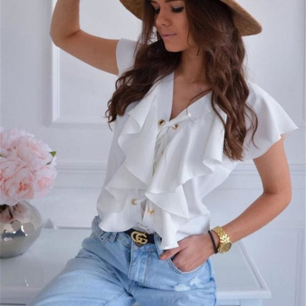 The Best Fashion Women Casual Top Ruffles V Neck Lace up Tank Bandage White Vest Elegant Ladies Casual Beach Holiday Tops Tee Online - Takalr