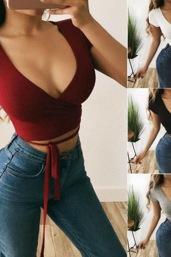 The Best Fashion Women Casual Vest Tank Tops Sexy Ladies Summer Off Shoulder Short Sleeve V-Neck Solid Blouse Shirt Online - Takalr