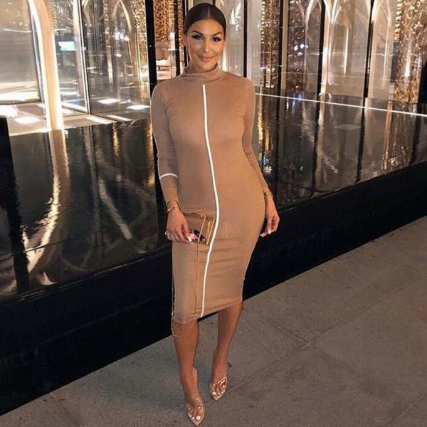 The Best Fashion Women Contrast Color Long Sleeve Temperament Fitness Summer Long Sleeve Bodycon Stretch Pencil Dress Online - Takalr