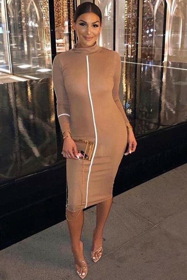 The Best Fashion Women Contrast Color Long Sleeve Temperament Fitness Summer Long Sleeve Bodycon Stretch Pencil Dress Online - Takalr