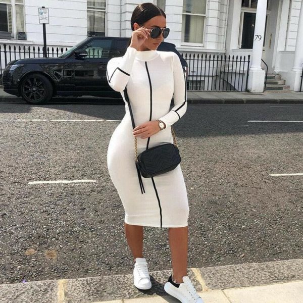 The Best Fashion Women Contrast Color Long Sleeve Temperament Fitness Summer Long Sleeve Bodycon Stretch Pencil Dress Online - Takalr