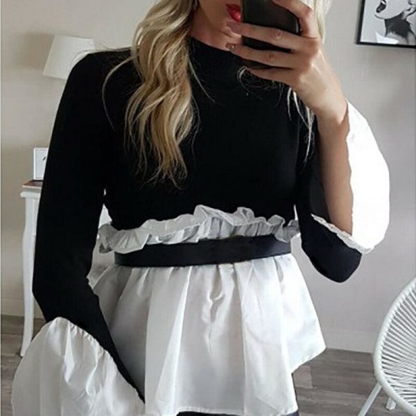 The Best Fashion Women Crew Neck Long Sleeve Tops Autumn Ladies Casual Ruffle Hem T Shirt Pullover Tops weater Jumper Online - Takalr