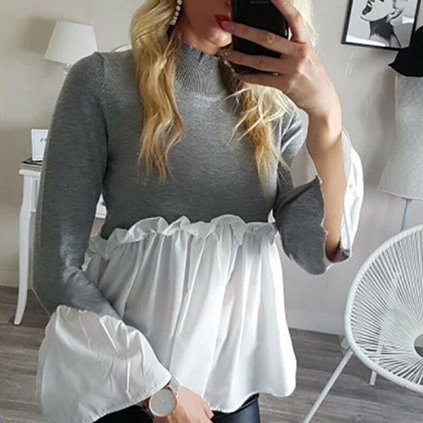 The Best Fashion Women Crew Neck Long Sleeve Tops Autumn Ladies Casual Ruffle Hem T Shirt Pullover Tops weater Jumper Online - Takalr