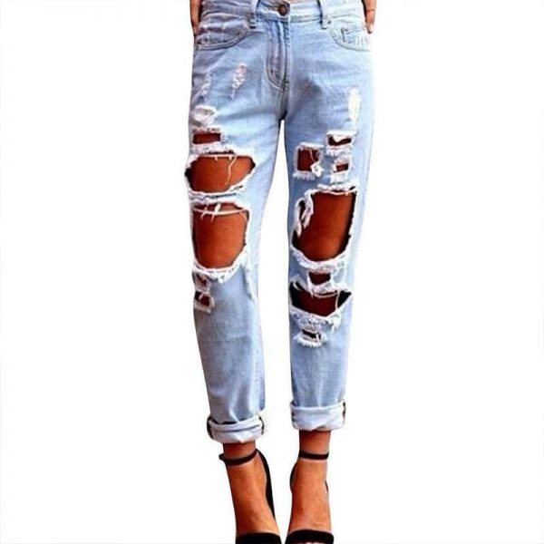 The Best Fashion Women Destroyed Ripped Jeans Distressed Slim Pants High Waist Denim Jeans Online - Takalr