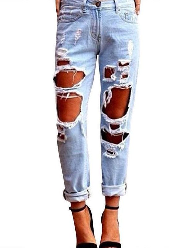 The Best Fashion Women Destroyed Ripped Jeans Distressed Slim Pants High Waist Denim Jeans Online - Takalr