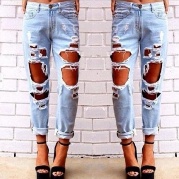 The Best Fashion Women Destroyed Ripped Jeans Distressed Slim Pants High Waist Denim Jeans Online - Takalr