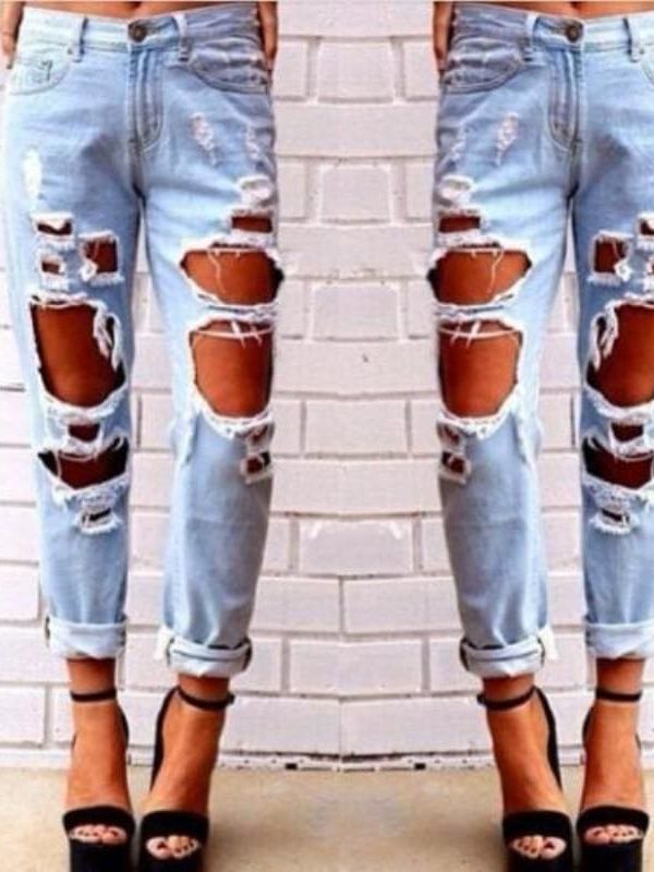 The Best Fashion Women Destroyed Ripped Jeans Distressed Slim Pants High Waist Denim Jeans Online - Takalr