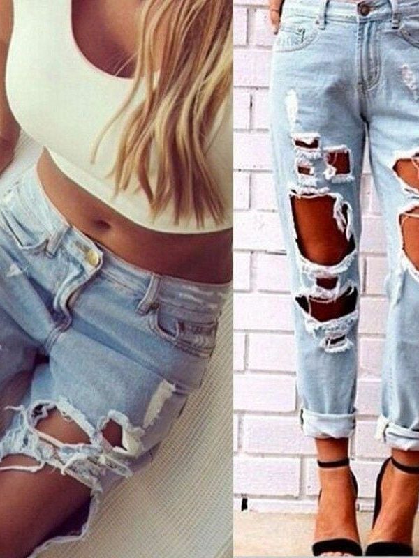 The Best Fashion Women Destroyed Ripped Jeans Distressed Slim Pants High Waist Denim Jeans Online - Takalr