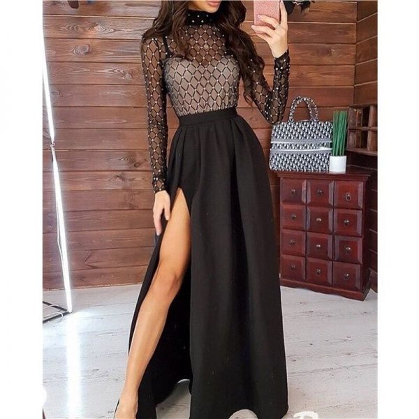 The Best Fashion Women Dress Ladies Mesh Bandage Bodycon Long Sleeve Evening Party Clubwear Slim Long Maxi Dress Online - Source Silk