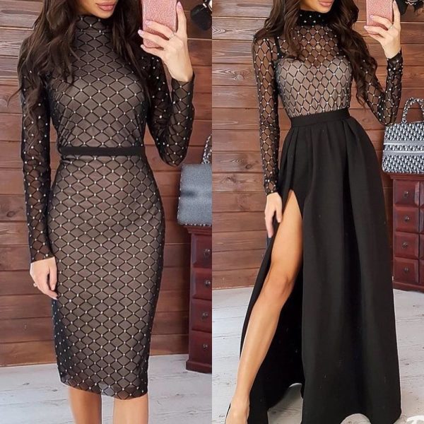 The Best Fashion Women Dress Ladies Mesh Bandage Bodycon Long Sleeve Evening Party Clubwear Slim Long Maxi Dress Online - Source Silk