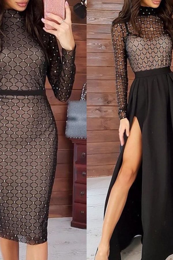 The Best Fashion Women Dress Ladies Mesh Bandage Bodycon Long Sleeve Evening Party Clubwear Slim Long Maxi Dress Online - Source Silk