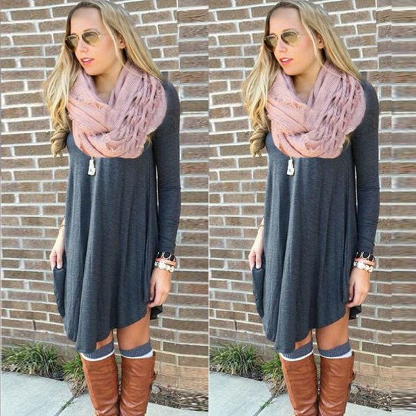 The Best Fashion Women Dress Long Sleeve Solid Casual Autumn Loose T-Shirt Long Loose Blouse Tops Mini Short Dress Online - Takalr