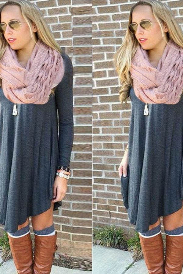 The Best Fashion Women Dress Long Sleeve Solid Casual Autumn Loose T-Shirt Long Loose Blouse Tops Mini Short Dress Online - Takalr