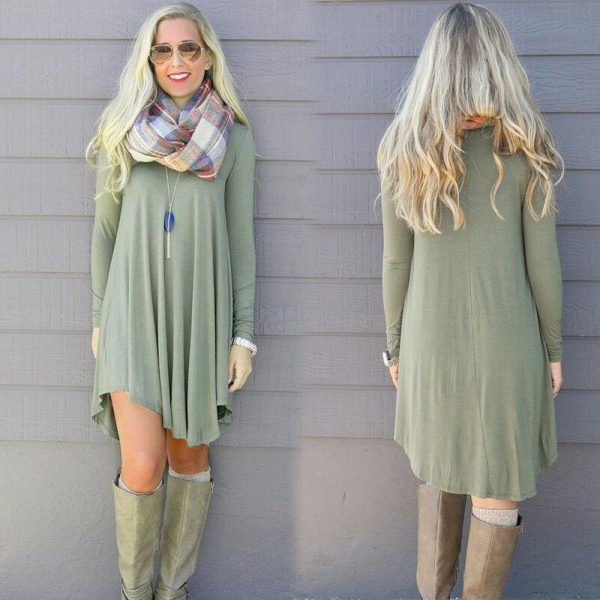 The Best Fashion Women Dress Long Sleeve Solid Casual Autumn Loose T-Shirt Long Loose Blouse Tops Mini Short Dress Online - Takalr